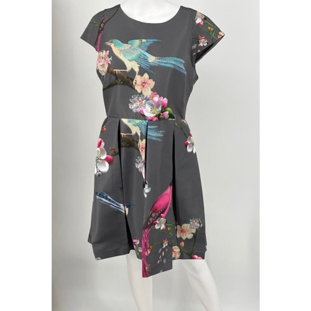 Ted Baker London Grey Bird & Floral Print Pleated Fit & Flare Dress size XL